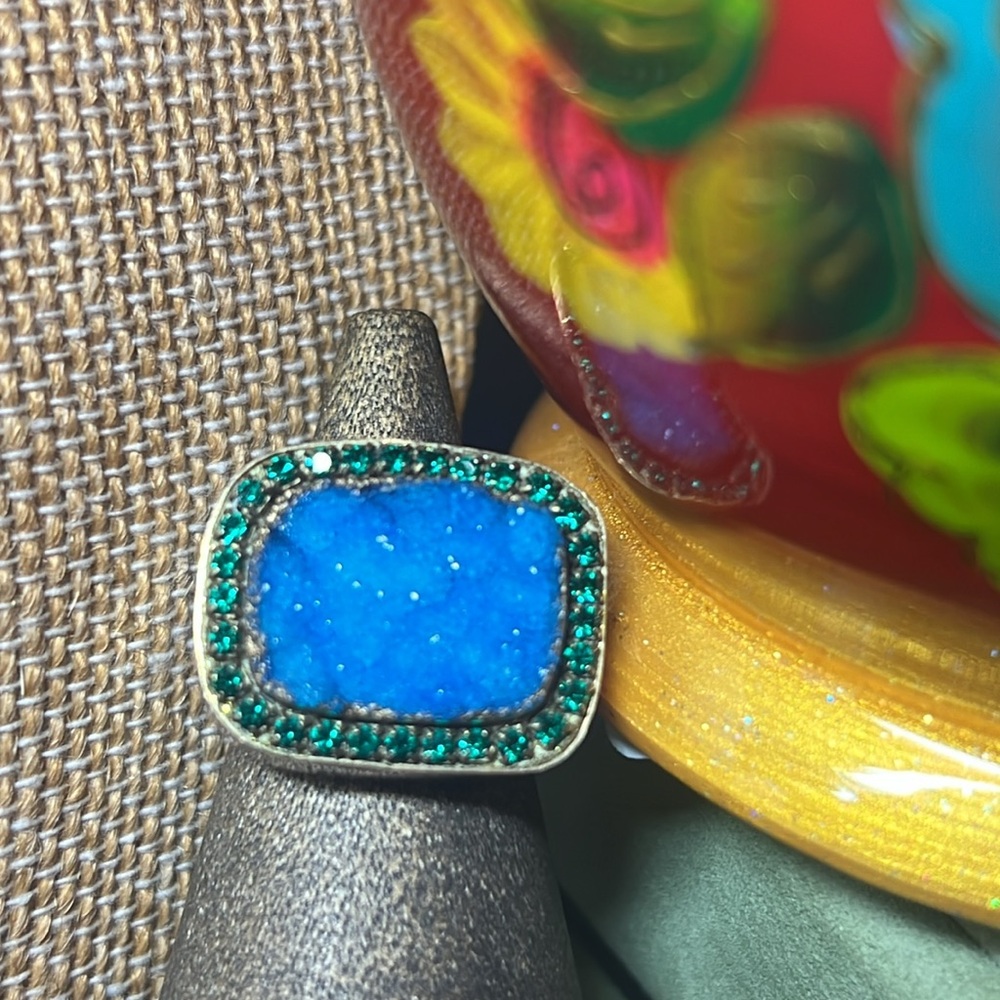 Cobalt blue Druzy Ring with Emerald Green Crystals